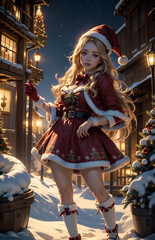 Obraz premium Beautiful girl in Santa Claus clothes on the background of the Christmas village