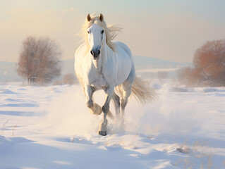 Obraz na płótnie Canvas white horse running in snow