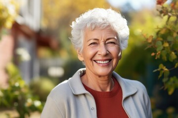 Photo of a beautiful happy elderly woman wearing glasses against the backdrop of beautiful mountains