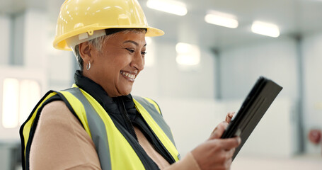 Architecture, woman and tablet at construction site warehouse for happy inspection and building or...