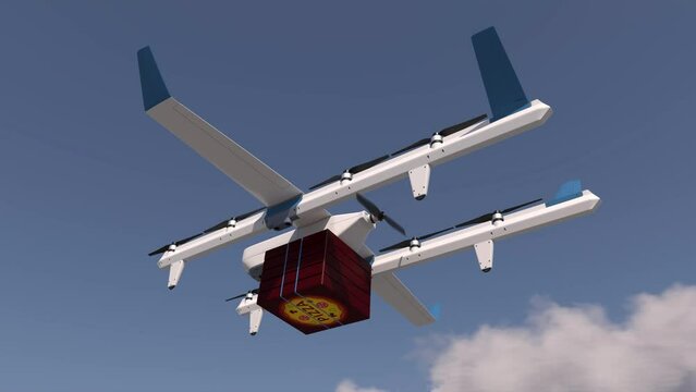 Delivery of goods (pizza) by drone. Flying through the clouds. Example of air delivery. 3d rendering.