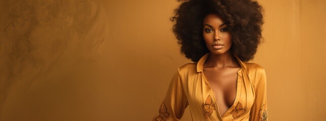 Black Woman in the 70s Fashion Style standing against a Beige and Yellow Background with Empty Copy Space for Text - Wallpaper African Girl 70s - 70s Woman created with Generative AI Technology
