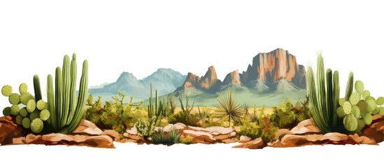 Vast rocky mountains with green spurge cactus in a natural dessert landscape - obrazy, fototapety, plakaty