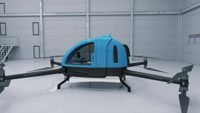 Autonomous unmanned aerial vehicle in the workshop. Transport of the future. 3d render.