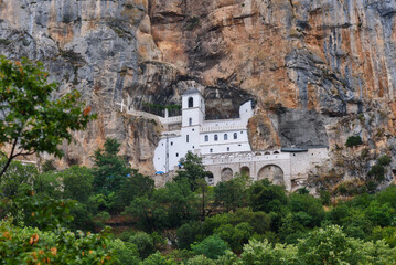 Ostrog, Montenegro - August 06, 2023: Ostrog Monastery in a rock in Montenegro