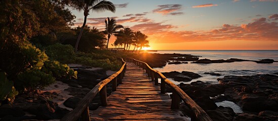 Panorama view of footbridge to beach at sunrise - obrazy, fototapety, plakaty