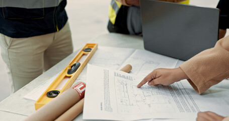 People, engineer and hands with blueprint in planning, construction or brainstorming ideas on table...