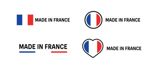 Made in France icons. Flat, color, emblems made in France, made in France flag, heart. Vector icons