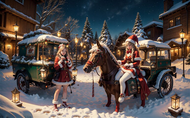 Fototapeta premium Beautiful girl in Santa Claus clothes on the background of the Christmas village