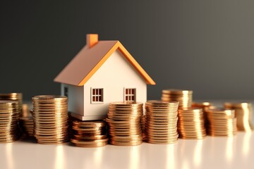 Miniature house on stack of coins. Property investment and saving concept.