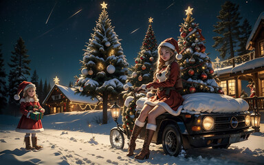 Beautiful girl in Santa Claus clothes on the background of the Christmas village