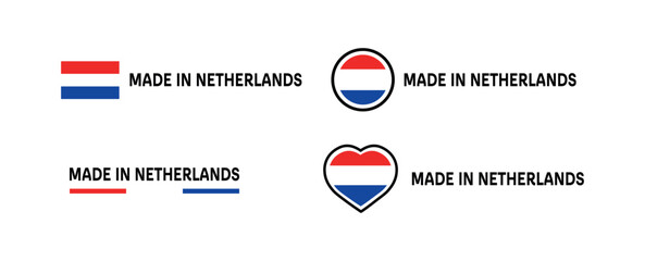 Made in Netherlands icons. Flat, color, emblems made in Netherlands, made in Netherlands flag, heart. Vector icons