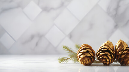 Golden pine cone on white marble background. Clean minimal simple style design.