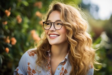 Obraz premium Photo of a beautiful happy young woman in glasses against the backdrop of beautiful mountains