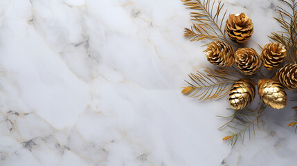 Golden pine cone on white marble background. Clean minimal simple style design.
