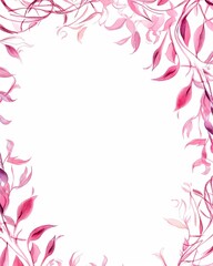 Fototapeta na wymiar Pink watercolor leafy frame border empty page white background
