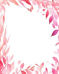 Fototapeta na wymiar Pink watercolor leafy frame border empty page white background