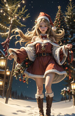 Beautiful girl in Santa Claus clothes on the background of the Christmas village
