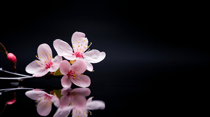 Fototapeta na wymiar Pink cherry blossom on dark background. Sakura tree branch.