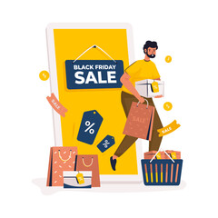 A man shopping on Black Friday sale promotion vector illustration
