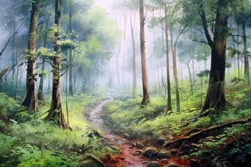 Watercolor Design of a Green Pine Forest