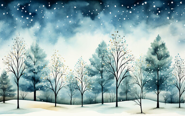 Watercolor winter illustration of woods