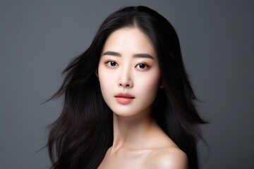 Naklejka premium Beautiful young Asian woman with natural makeup and perfect skin. Facial care concept, cosmetology, plastic surgery