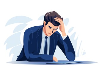 Tired businessman holding his head in hands on white background