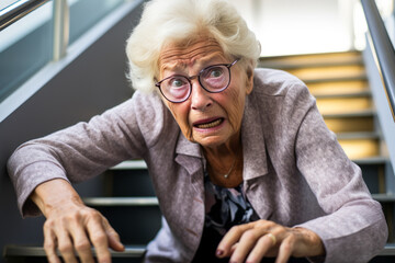 Elderly woman falling down unsecured stairs, alone