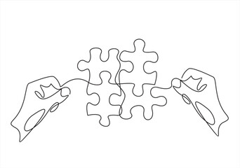 Human resources team work business person hand with puzzle piece thin line Icon - editable stroke.Continuous one line drawing