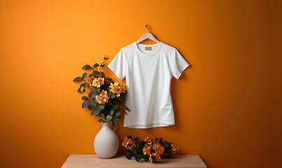 Close-up of a white T-shirt hanging on the wall.