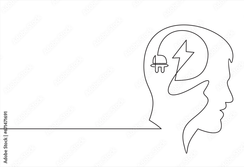 Poster continuous one line drawing of head person and brain with plug. concept of burnout syndrome and tire
