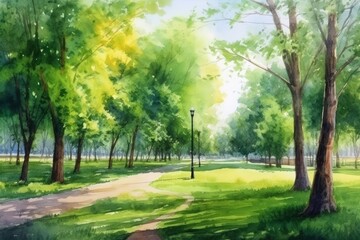 Fototapeta na wymiar Watercolor of a Serene Public Park with Lush Greenery