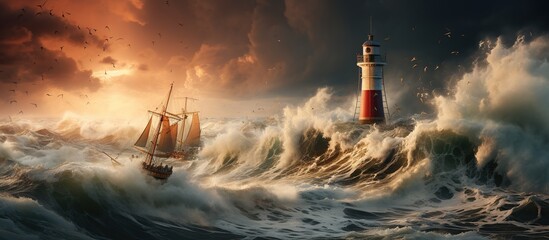 Lighthouse storm waves sea - obrazy, fototapety, plakaty