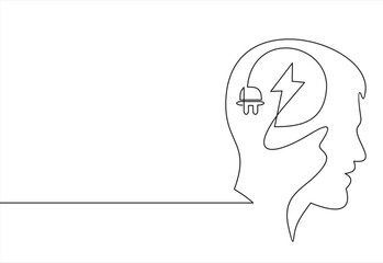 Continuous one line drawing of head person and brain with plug. Concept of burnout syndrome and tired at work in simple linear style.