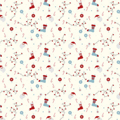 Christmas icon elements set with seamless vector pattern for wrapping paper, backgrounds, wallpapers, greeting cards. Holiday season, modern flat design.