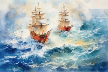 Watercolor of Ships and the Vast Ocean