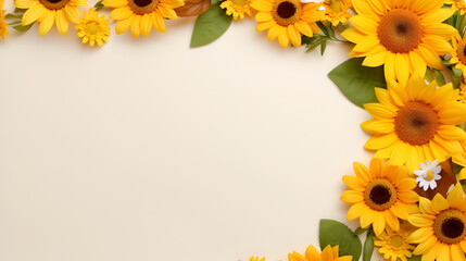 Beautiful sunflowers on copy space background. View from above. 