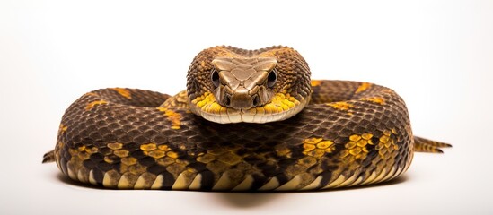 Naklejka premium The ready Vipera ursinii is poised to strike alone against a white backdrop