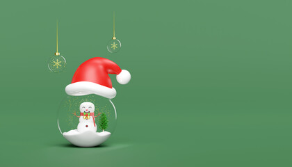 3d snow ball, ornaments glass transparent with santa claus hat, snowman, pine tree, snowflake, confetti. merry christmas and happy new year, 3d render illustration