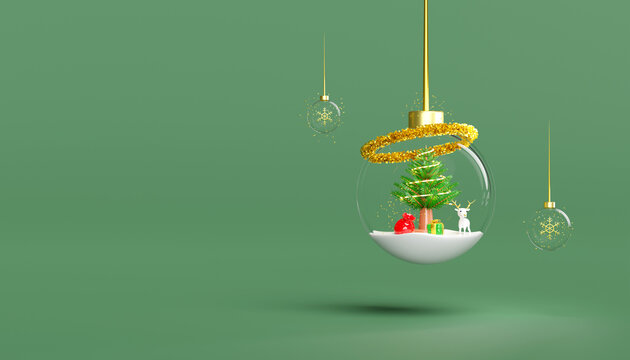 3d snow ball, ornaments glass transparent with reindeer, pine tree, gift box, snowflake, gift bag. merry christmas and happy new year, 3d render illustration