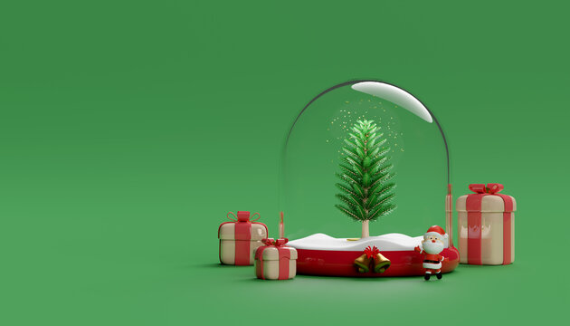 christmas glass dome with christmas tree, star, gift box, santa claus. merry christmas and festive New Year, 3d render illustration