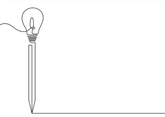 Continuous One line drawing of Pencil with idea light bulb combined into symbol, creative energy design art or science invention or research