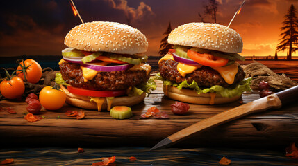 Halloween monster hamburgers on a paddle board again - obrazy, fototapety, plakaty