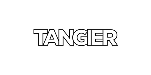 Tangier in the Morocco emblem. The design features a geometric style, vector illustration with bold typography in a modern font. The graphic slogan lettering.