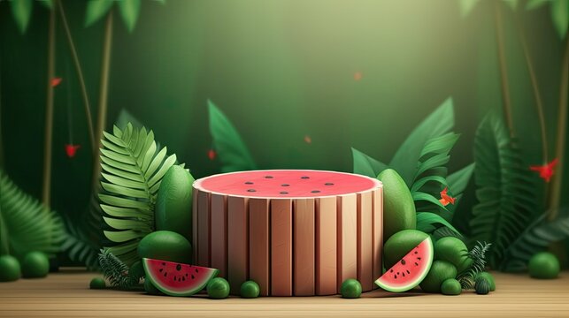 Empty Wooden Mat Surrounded by Juicy Watermelons in a Serene Forest