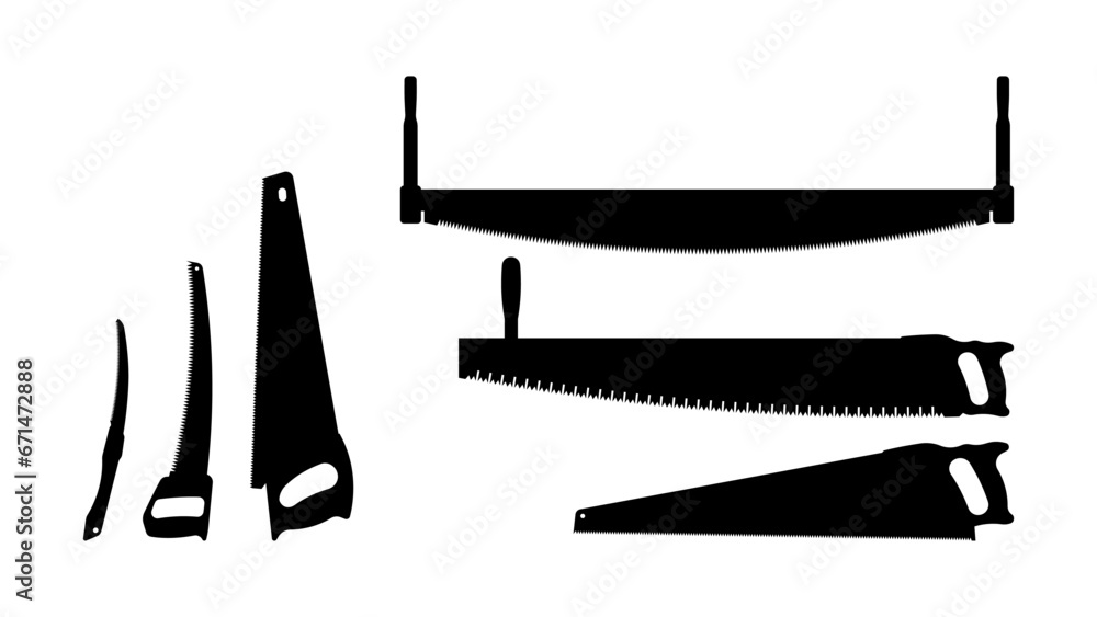 Wall mural hand saw silhouette vector. carpentry tools for sawing wood products.