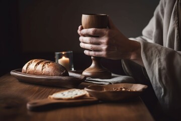 Supper rustic bread wine cup. Feast spirit church loaf sour. Generate Ai - obrazy, fototapety, plakaty