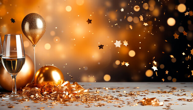 Glass of wine with golden balls and bokeh and falling stars.