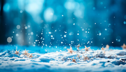 Fototapeta na wymiar Blue winter background with snowflakes in snow and bokeh.